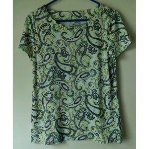 Talbots‎ Women's Pima Cotton Top Blue/Green/Yellow Paisley Scalloped Neck Size S